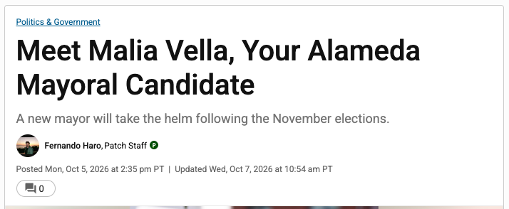 Malia Vella Mayor Patch Article